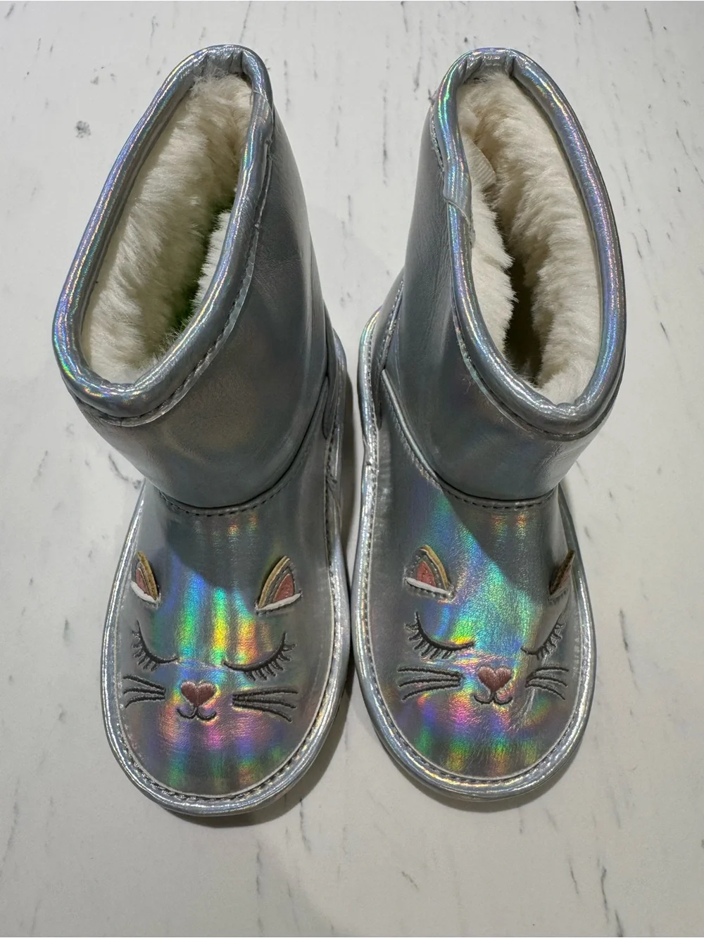 The Children's Place Iridescent Silver Cat Face Kids Snow Boots